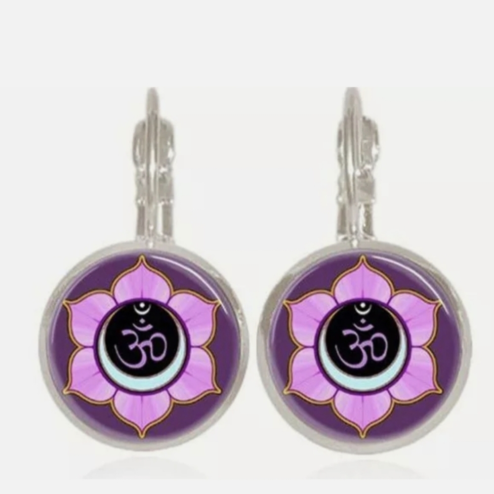 New OM Symbol Glass Cabochon Silver Lever Back Earrings.